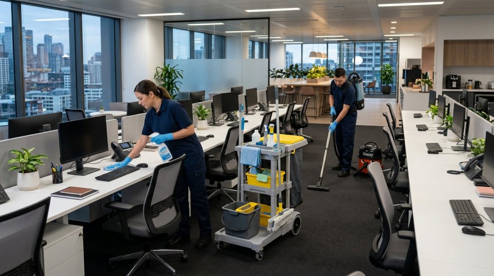Office cleaners disinfect desks and vacuum floors in a modern open-plan office workspace