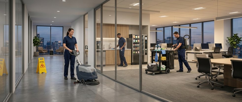 Janitorial staff cleaning floors and workstations in a modern office with glass walls and open desks
