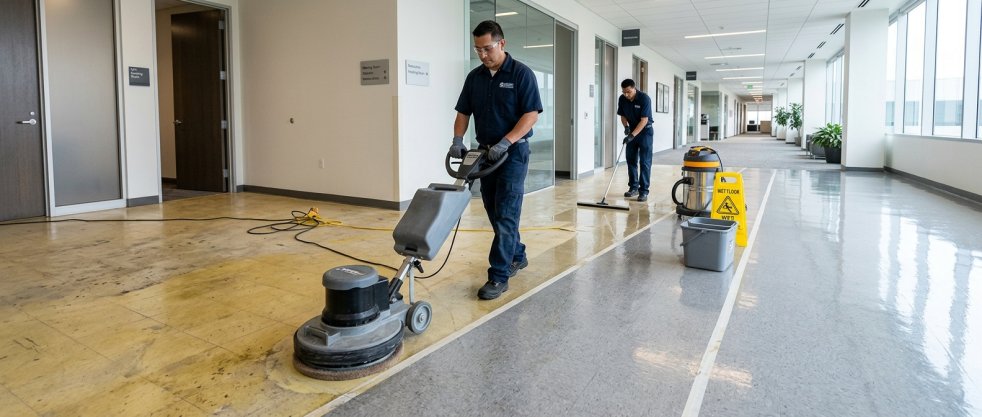 Janitorial workers stripping and waxing office hallway floors with a floor buffer and cleaning equipment