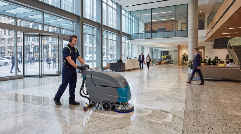 Worker using a floor scrubber to clean marble floors in a modern office lobby building